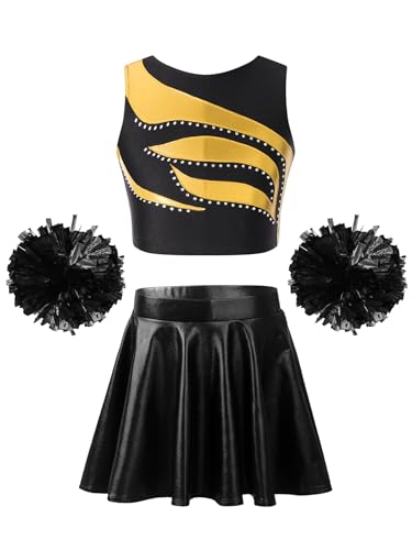Aiihoo Mädchen Cheer Leader Kostüm Halloween Cheerleadering Outfit Uniform Strassstein Tank Top und Mini Rock mit Pompoms/Schleife Haarbänder Strümpfe Gold 110-116 von Aiihoo