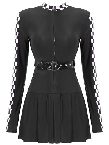 Aiihoo Rennfahrer Kostüm Damen Langarm Rennwagen Kostüm Kleid mit Reißverschluss Gürtel Minikleid Karneval Fasching Kostüm Schwarz XXL von Aiihoo