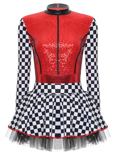 Aiihoo Rennfahrer Kostüm Damen Langarm Rennwagen Kostüm Kleid mit Reißverschluss Pailletten Rennfahrer Jumpsuit mit Rock Karneval Fasching Kostüm Rot S von Aiihoo