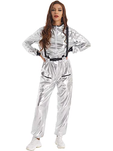 Aiihoo Unisex Herren Damen Astronauten Kostüm Metallic Jumpsuit Spaceman Overall Langarm Bodysuit Astronaut Weltraum Weltall Raumfahrer Halloween Cosplay Silber B L von Aiihoo