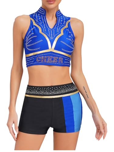 Aiihoo damen Cheer Leader Kostüm Ärmellos tanktop V-Ausschnitt Bauchfrei Oberteil und glitzer shorts fitness training anzug Königsblau XXL von Aiihoo