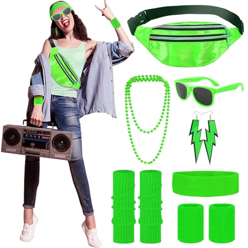 Kostüm 80er Jahre Damen Herren Zubehör Neon Bauchtasche Haarband Damen Armband Beinwärmer 80er 90er Jahre Disco Kostüm Damen Herren Kinder Kostüm 80er Jahre Sportzubehör (Grün) von Aikooyc