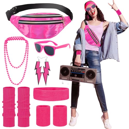 Kostüm 80er Jahre Damen Herren Zubehör Neon Bauchtasche Haarband Damen Armband Beinwärmer 80er 90er Jahre Disco Kostüm Damen Herren Kinder Kostüm 80er Jahre Sportzubehör (Rosa) von Aikooyc