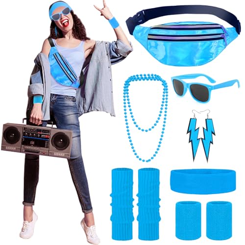 Kostüm 80er Jahre Damen Herren Zubehör Neon Bauchtasche Haarband Damen Armband Beinwärmer 80er 90er Jahre Disco Kostüm Damen Herren Kinder Kostüm 80er Jahre Sportzubehör (blau) von Aikooyc