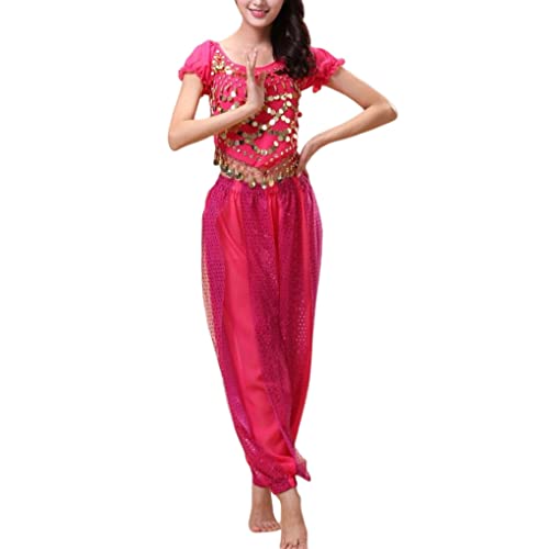 Ailan Indische Bauchtanzhose Tanzendes Top Kostüm Set Sexy Professionelle Erwachsene Ärmel Damenmode Mädchen Tanzkleidung, Rosenrot, XL von Ailan
