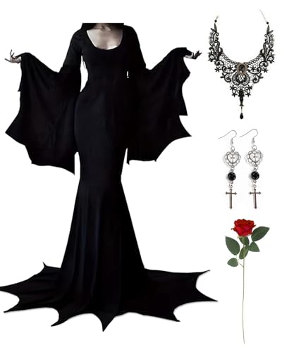 Aileam Morticia Kostüm für Damen, langes schwarzes Gothic-Kleid mit Fledermausärmeln, Halloween, Cosplay, Hexe, Vampir-Outfit Aileam Morticia Kostüm für Damen, langes schwarzes Gothic-Kleid mit Fledermausärmeln, Halloween, Cosplay, Hexe, Vampir-Outfit von Aileam