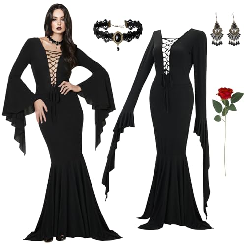 Morticia Addams Halloween-Kostüme, Vintage, Gothic, schwarzes langes Kleid, Outfit, Damen, rote Rosen, Blumen, Halskette, Ohrringe von Aileam