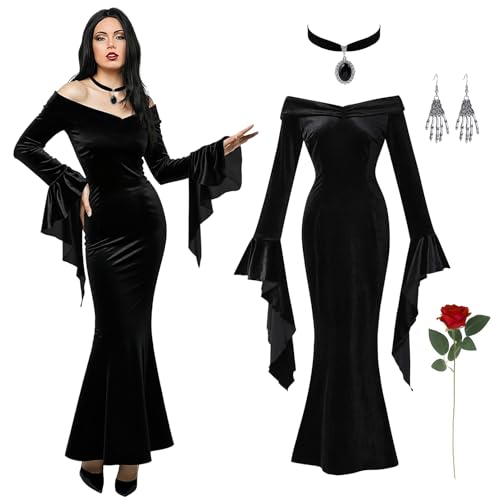 Morticia Addams Halloween-Kostüme, Vintage, Gothic, schwarzes langes Kleid, Outfit, Damen, rote Rosen, Blumen, Halskette, Ohrringe Morticia Addams Halloween-Kostüme, Vintage, Gothic, schwarzes langes Kleid, Outfit, Damen, rote Rosen, Blumen, Halskette, Ohrringe von Aileam