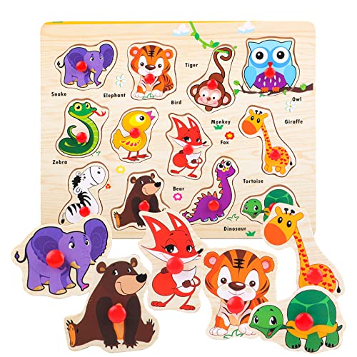 Holzpuzzle ab 1 2 3 Jahr, Steckpuzzle Holz, Greifpuzzle Montessori Holzspielzeug, Puzzle Kind Lernspielzeug für Baby Junge Mädchen Geschenk (Wald Tiere Motive) von Ailvor