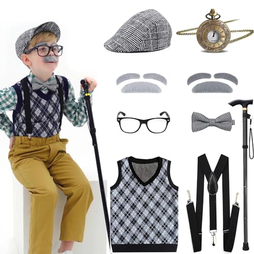 Aimeiar 100 Schultage Kostüm für Kinder, Alter Mann Kostüm für Kinder, Opa Weste für Kinder, Gehstock, alte Männer Brille für Kinder mit Schnurrbart von Aimeiar