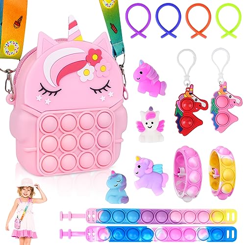 Ainiv 15PCS Fidget Toys Set, Pop Push It Tasche Handtasche, 2 in 1 Fidget Toys Taschen Umhängetasche, Mini Silikon Schlüsselbund Toys, Poppet Bubble Finger Toys Autismus for ADHS Squeeze Toys (Rosa) von Ainiv