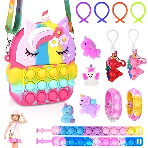 Ainiv 15PCS Fidget Toys Set, Pop Push It Tasche Handtasche, 2 in 1 Fidget Toys Taschen Umhängetasche, Mini Silikon Schlüsselbund Toys, Poppet Bubble Finger Toys Autismus for ADHS Squeeze Toys (Bunt) von Ainiv