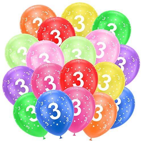 Ainiv 18 Stück Kunterbunte Luftballons, Geburtstag Ballon, Luftballons 3. Geburtstag, Partyzubehör zum 3. Jahrestag, 12-Zoll-Zahlen Druckten Latex-Party-Ballone, Zahlenballons für Mädchen und Jungen von Ainiv