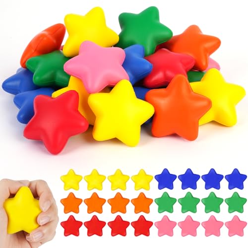 Ainiv 24 Stück Stern Antistressball, Stressbälle Schlüsselanhänger für Angst Abbauen Beruhigung Kinder Erwachsene Stern Schaum Antistressball für Schule Belohnung Student Party Tasche Füllstoffe von Ainiv