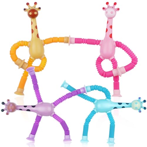 Ainiv 4 Stück Teleskop-Saugnapf-Giraffe-Spielzeug, Sensorisches Giraffen-Spielzeug, Telescopic Suction Cup Giraffe Toy, Lustiges Pädagogisches Stressabbau-Spielzeug für Kinder und Erwachsene von Ainiv