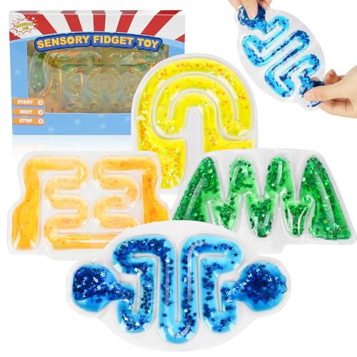 Ainiv 4PCS Sensorik Spielzeug, Sensorische Schläuche Fidget Spielzeug, Flüssig Fidget Squishy Maze Toy für Kinder Squishy Sensory Tubes Gefüllt mit Pailletten Squeezable Fidget Spiel für ADHS Autismus von Ainiv