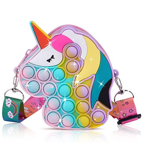 Ainiv Pop Push It Tasche Handtasche, Pop Tasche, 2 in 1 Fidget Toys Taschen Umhängetasche mit Längenverstellbarem Tragegurt, Einhorn Fidget, Anti Stress Spielzeug Schultertasche für Kinder von Ainiv