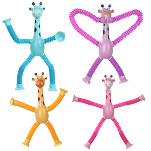 Ainiv 4 Stück Teleskop-Saugnapf-Giraffe-Spielzeug, Sensorisches Giraffen-Spielzeug, Telescopic Suction Cup Giraffe Toy, Lustiges Pädagogisches Stressabbau-Spielzeug für Kinder und Erwachsene von Ainiv