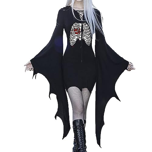 Ainiyo Gothic Kostüm Damen Schminke Karneval Karneval Kostüm Damen 2024 Mittelalterlich V-Ausschnitt Lange Ärmel Abendkleid Damen für Party Maskerade Rollenspiel von Ainiyo