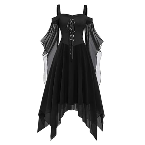 FaschingskostüMe Damen Gothic Kleid Damen Vintage Schwarz Mittelalterliches Kleid mit Trompetenärmeln Gebundene Taille Kleid Halloween Karneval Kostüm für Frauen von Ainiyo