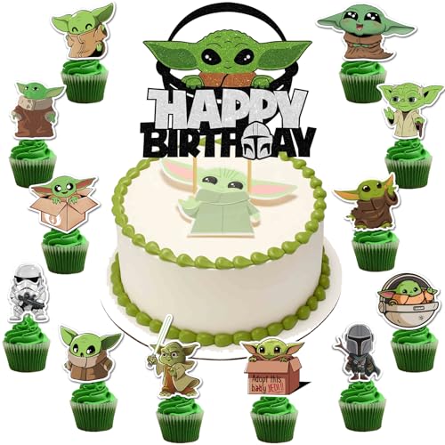13 Stück Yoda Tortendeko, Glitter Cupcake Toppers, Kinder Geburtstag Kuchen Dekoration, Happy Birthday Tortendeko, Cake Topper für Geburtstag Partydekorationen von Ainvliya