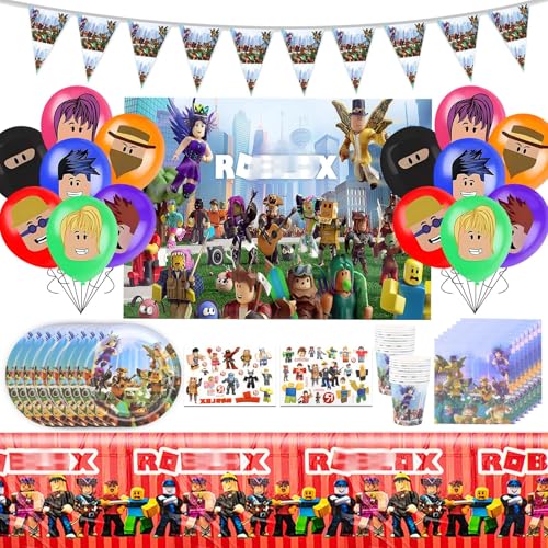 59Pcs Robl Kindergeburtstag Geschirr Deko Kinder- Geburtstag Partygeschirr Luftballon Balloon Happy Birthday Banner Geburtstagsdeko Girlande Pappteller Tattoo Aufkleber Party Supplies für 10 Gäste von Ainvliya