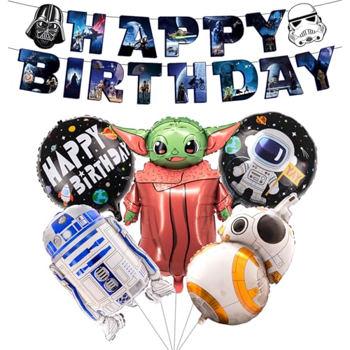 6 Stück S-tar War Geburtstagsdeko Set, Cartoon Kindergeburtstag Deko, Yoda Folienballon Geburtstag Dekoration Set für Kinder Jungen Mädchen Star Krieg Themenpartys Dekorationen von Ainvliya
