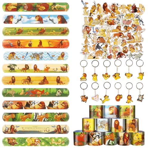 74pcs Löwen Party Mitgebsel, 50pcs König Aufkleber, 12pcs Armband, 12 Schlüsselanhänger, Mitgebsel Kindergeburtstag für Kinder Jungen Mädchen von Ainvliya