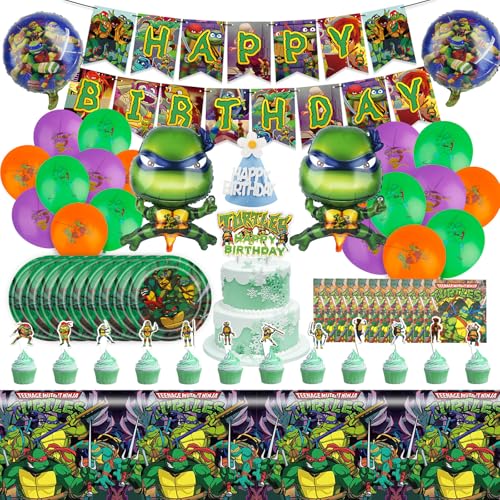 80Pcs Turt-les Kindergeburtstag Geschirr Deko Jungen- Ninja Geburtstag Partygeschirr Grün Luftballon Balloon Happy Birthday Geburtstagsdeko Girlande Pappteller Tortendeko Party Supplies für 10 Gäste von Ainvliya