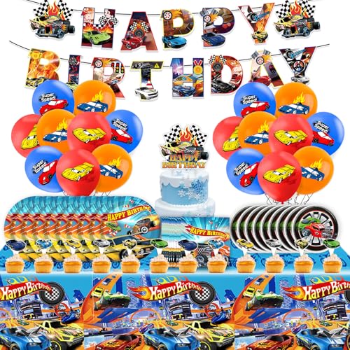 93Pcs Auto Kindergeburtstag Geschirr Deko Jungen- Wheels Geburtstag Partygeschirr Set mit Luftballon Balloon Happy Birthday Geburtstagsdeko Girlande Pappteller Tortendeko Party Supplies für 20 Gäste von Ainvliya