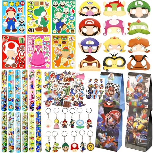 128PCS Mitgebsel Kindergeburtstag, Super Geburtstag Deko Party Mitgebsel Party Deko Kindergeburtstag Schlüsselschnalle DIY Aufkleber Maske Geschenktüten Schnapparmband Kinder Gastgeschenk Sticker von Ainvliya