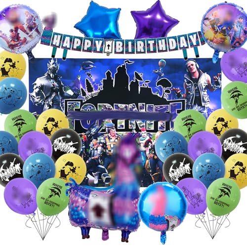 Fortni-t Geburtstagsdekorationen, 28 Stück Videospiel-Luftballons, Aluminium-Ballon mit Hintergrund, Happy Birthday-Banner, Party-Dekorationen für Kinder, Jungen, Mädchen Fortni-t Geburtstagsdekorationen, 28 Stück Videospiel-Luftballons, Aluminium-Ballon mit Hintergrund, Happy Birthday-Banner, Party-Dekorationen für Kinder, Jungen, Mädchen von Ainvliya