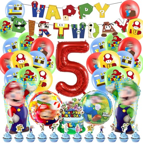 Geburtstagsdeko 5 Jahre Super Luftballons Jungen Mädchen- Kindergeburtstag Deko Bros Folienballon Happy Birthday Geburtstag Balloon Partyzubehör für Kinder Theme Party Geburtstag Supplies Ballon von Ainvliya