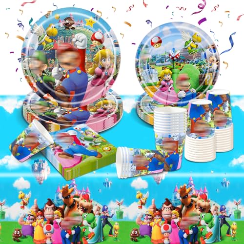 Geburtstagsdeko Partygeschirr Set- 51Pcs Geburtstag Geschirr Tableware Kindergeburtstag Teller Kit Partyzubehör Supplies mit Servietten Tischdecke Pappbecher Pappteller Kinder Party Deko für 10 Gäste von Ainvliya