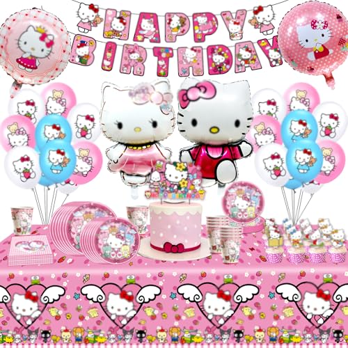 Katzen Luftballons Geburtstagsdeko, 99PCS Pink Partygeschirr Set Deko Geburtstag Pappteller Kindergeburtstag Banner Partyzubehör Tortendeko Party Deko Party Tischdecke Becher Geburtstagsdeko Mädchen von Ainvliya
