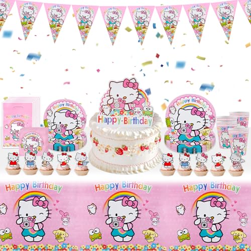 Ki-ty Pappteller Kindergeburtstag Ki-tty Geschirr Tischdeko Ki-ty Partygeschirr Set Thema Party Supplies Geburtstag Deko Mädchen Mit Birthday Banner Teller Becher Servietten Tischdeck Tortendeko von Ainvliya
