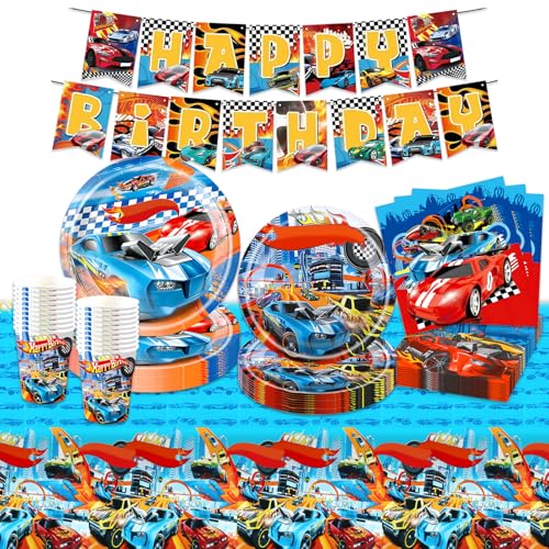 Luftballon Autos Geburtstag Deko, Rennauto Partygeschirr Set Deko Geburtstag Pappteller Kindergeburtstag Banner Partyzubehör Party Tischdecke Becher Geburtstagsdeko Mädchen Jungen Kinder 10-20 Gäste von Ainvliya