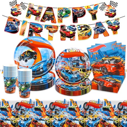 Luftballon Autos Geburtstag Deko, Rennauto Partygeschirr Set Deko Geburtstag Pappteller Kindergeburtstag Banner Partyzubehör Party Tischdecke Becher Geburtstagsdeko Mädchen Jungen Kinder 10-20 Gäste von Ainvliya