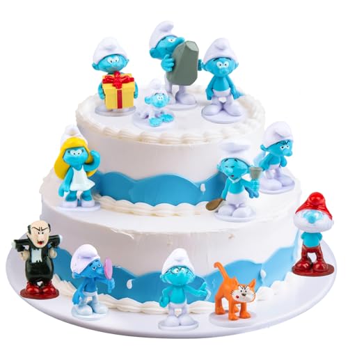 Schlümpfe Figuren Tortendeko, 12 Stück Tortendeko Blau Smurfs Set, schlümpfe tortenfiguren, Cartoon Tortenfiguren Set Geburtstag Kuchen Dekoration für Mädchen Junge von Ainvliya