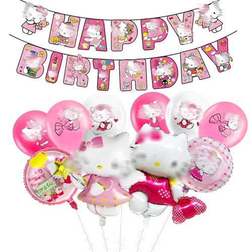 ballon 11 Stück Kity Geburtstagsdeko, Cat Folienballon Geburtstag mit Banner Latexballons, Kindergeburtstag Deko Party Deko Luftballon für Kinder Mädchen von Ainvliya