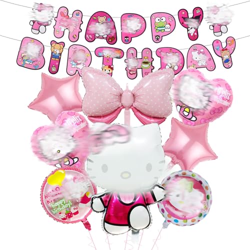 ballon 8 Stück Kity Geburtstagsdeko, Cat Folienballon Geburtstag mit Banner, Kindergeburtstag Deko Party Deko Luftballon für Kinder Mädchen von Ainvliya