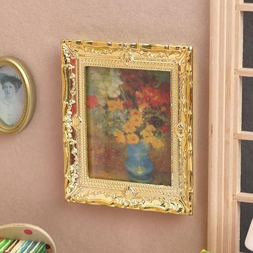 Miniatur-Puppenhaus-Wandkunstrahmen mit Blumenmalerei, goldfarbener kunstvoller Rahmen, 7,5 x 6,5 cm Miniatur-Puppenhaus-Wandkunstrahmen mit Blumenmalerei, goldfarbener kunstvoller Rahmen, 7,5 x 6,5 cm von Air-Ads Supplies