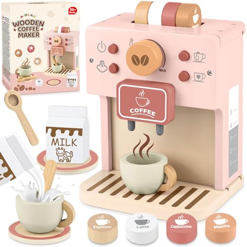 Airlab Kinderküche Kaffeemaschine Kinder Holz, Spielküche Zubehör Kaffeeservice Spielset, Küchengeräte Kaffeeset Kinder Spielzeug, Pädagogisches Holzspielzeug Rollenspiel Geschenk für Kleinkind, Rosa von Airlab