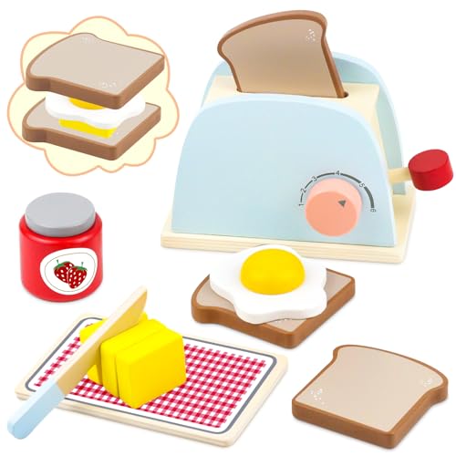 Airlab Kinderküche Toaster Set, Holzspielzeug Toaster für Kinder, Pop-up Toaster Holz Spielküche Zubehör, Rollenspiele Kinderspielzeug mit Brotscheiben Butter, Pädagogisches Lernspielzeug Geschenk von Airlab