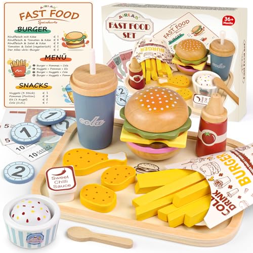 Airlab Küchenspielzeug Hamburger Fast Food Set, Kinderküche Spielküche Zubehör für Kinder, 37PCS Holz Lebensmittel Grill Spielzeug mit Klett-Verbindung, Hamburger Shop Essen für Kaufladen Matschküche Airlab Küchenspielzeug Hamburger Fast Food Set, Kinderküche Spielküche Zubehör für Kinder, 37PCS Holz Lebensmittel Grill Spielzeug mit Klett-Verbindung, Hamburger Shop Essen für Kaufladen Matschküche von Airlab