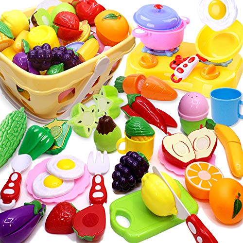 Airlab Kinderküche Spielküche Zubehör, 48 Stück Kinder Küchenzubehör Schneiden Obst Gemüse Lebensmittel, Küche Spielzeug Rollenspiel Lernspielzeug Geschenk von Airlab