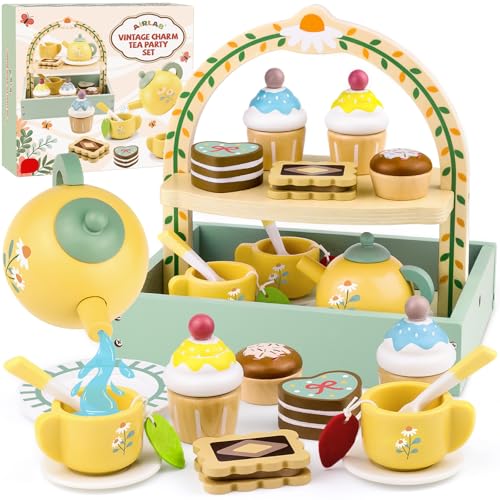 Airlab Teeservice Spielküche Zubehör, Tee Set Kinderküche Holz, Teeparty Kindergeschirr, Holzspielzeug Küchenzubehör Rollenspiele Geschenk für Kinder Mädchen Jungen von Airlab