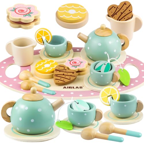 Airlab Teeservice Kinderküche Zubehör, Tee Set Holzspielzeug, Teeparty Spielküche Rollenspiele, Küchenspiele Holz, Geschenk für Kinder Mädchen Jungen von Airlab