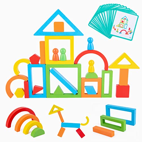 Airoads Stapelspielzeug aus Holz 26 Stück kreative Regenbogen-Bausteine mit 18 Stück Führungskarte Geometrischer Baustein Frühe Lernpuzzleblöcke aus Holz für Babykinder von Airoads
