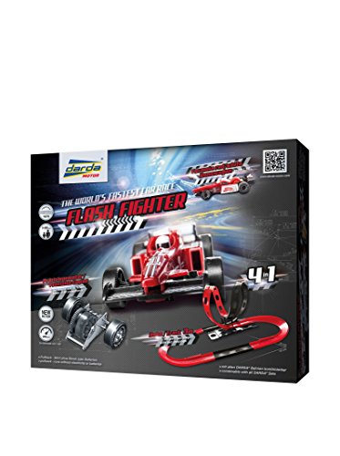 Darda 50241 - Darda Rennbahn Flash Fighter, Fahrbahnlänge ca. 3 m, mit 2 Loopings, 18 Elementen und Darda Auto roter Rennwagen, Rennauto Spielset für Kinder ab 5 Jahre, 4 Aufbauvarianten von Darda